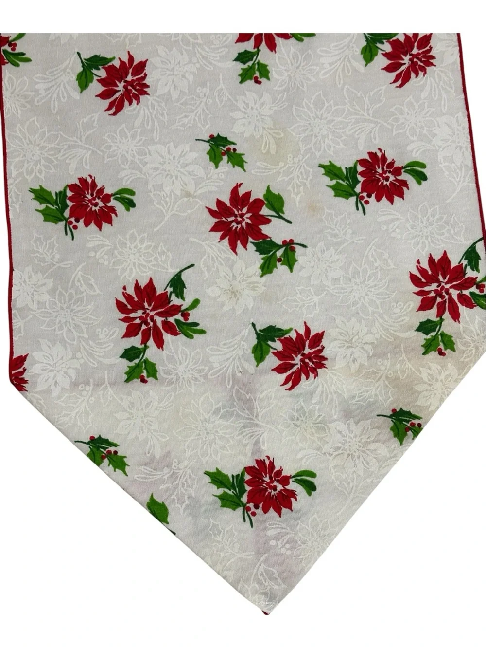 Vintage Christmas Poinsettia Floral Table Runner Dresser Skirt Holly Berries